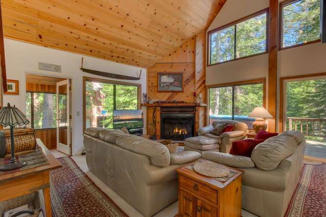 Spacious living room with vaulted pine ceilings | Lake Tahoe Real Estate