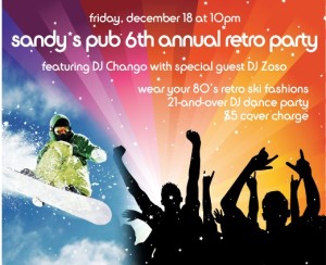 Image of flyer for Squaw Valley's Sandy's Pub 6th Annual Retro Party for How to Spend the Holidays in North Lake Tahoe blog post