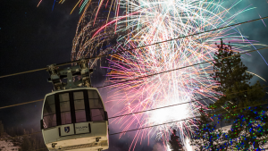 Image of tram with fireworks behind it for New Year's Eve at Squaw Valley for How to Spend the Holidays in North Lake Tahoe blog post